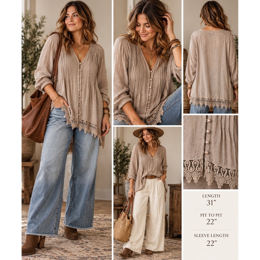 Boho Lace Tunic Top 3X Taupe Pintuck Pearl Button Lagenlook Romantic Blouse